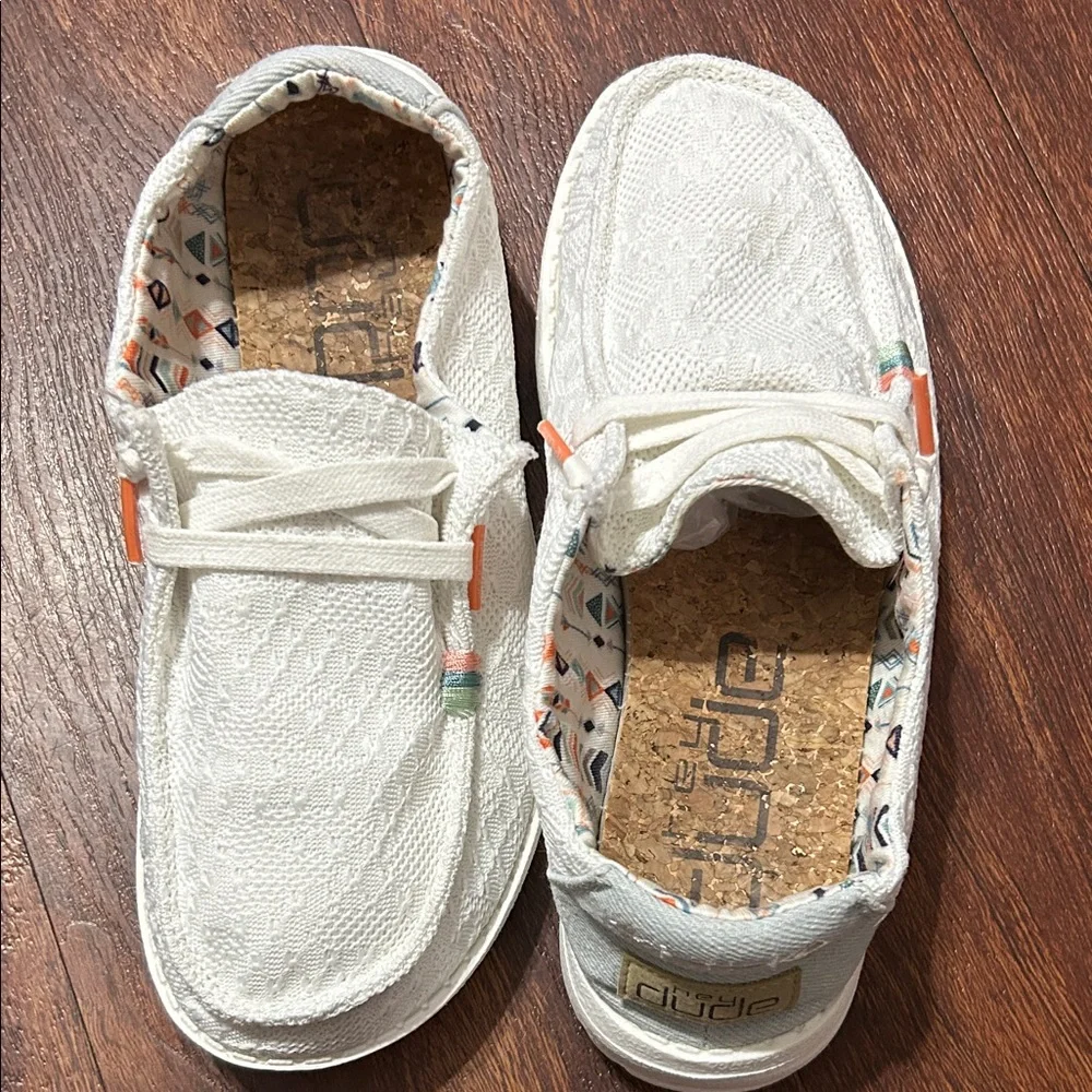 Hey Dude Kids White Moccasins with Orange Accents